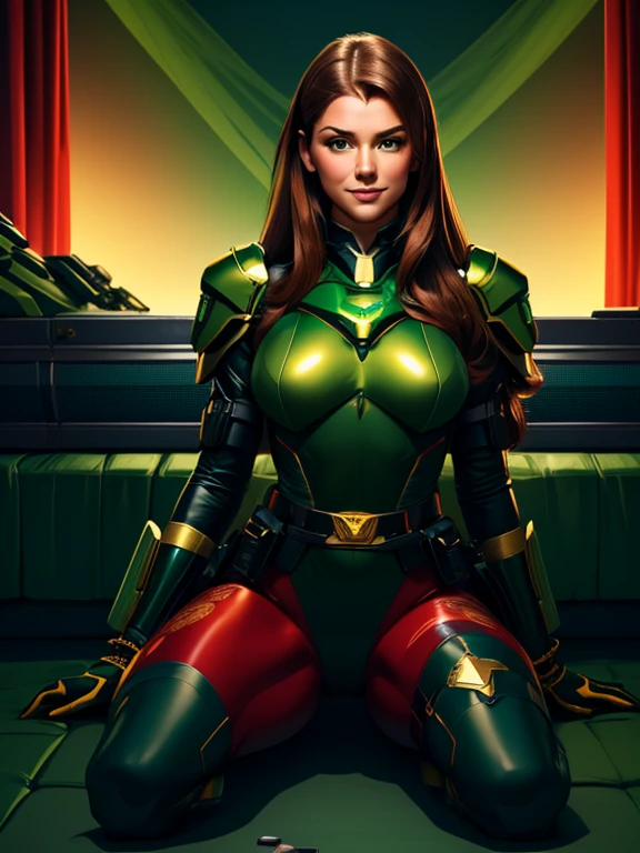 Best quality illustration, beautiful woman,long hair, looking to observer, LITTLE SHY SMILE, tight hi-tech armor gold, RED and blue with intrincated details over glossy pantyhose, adjusting hi-tech gloves, militar tactical belt, thighs and knee,((((green deep florest scenario)))),natural lights
