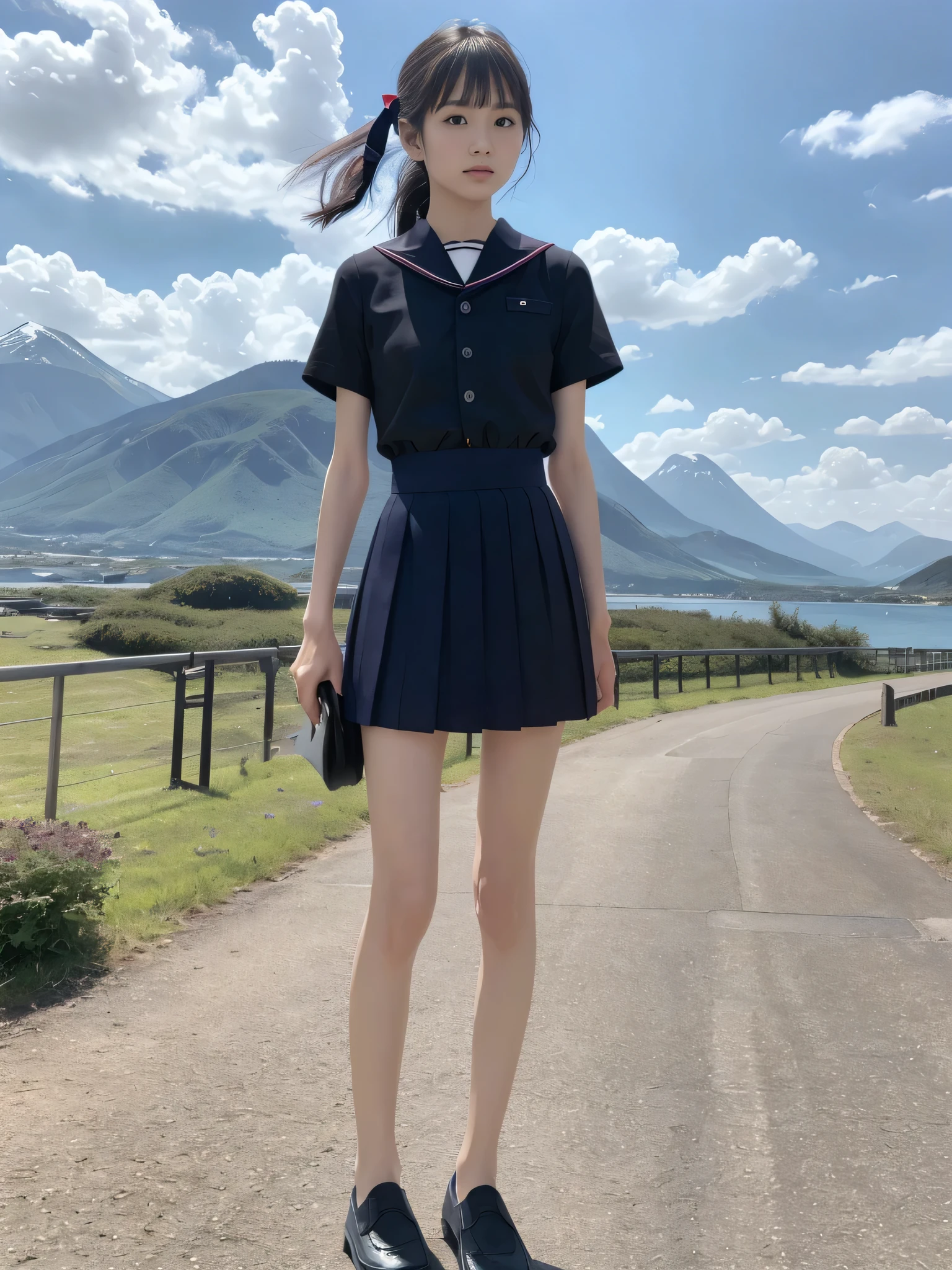 (In 8K、RAW Photos、highest quality、masterpiece:1.2), (Realistic、Photorealistic:1.37), Ultra-detailed, High resolution, One Girl, Close-up, barefoot, Iris, Japanese, color_touch_lens, (Beautiful feet:1.3), (Slender girl:1.4), Beautiful girl, (Thin legs:1.3), Sailor suit, , high school girl, JK, Ultra mini skirt, Dark blue pleated skirt, Short socks, Tri-fold socks, White socks, (Short sleeve:1.2), (Black Loafers Shoes:1.3), whole body, (Are standing:1.2), (Strong winds:1.3), (blue sky:1.2),(Mountain_background:1.2), red_ribbon, pink_skirt