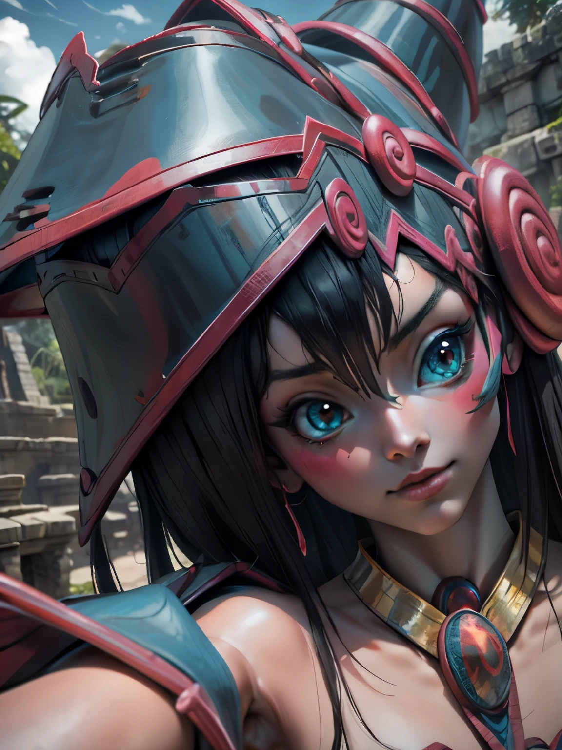 Dark magician taking a selfie at a Mayan ruins. Ella tiene cabello rubio. ojos azules. Labios rojos. Se toma una selfies en unas ruinas mayas. Selva y jaguares a si alrededor