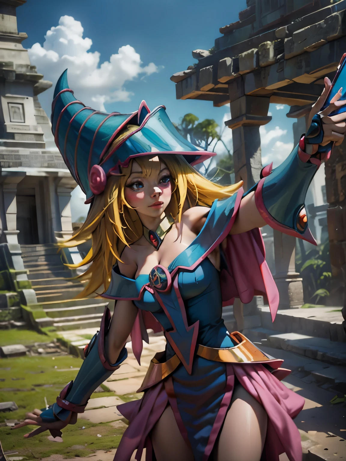 Dark magician taking a selfie at a Mayan ruins. Ella tiene cabello rubio. ojos azules. Labios rojos. Se toma una selfies en unas ruinas mayas. Selva y jaguares a si alrededor