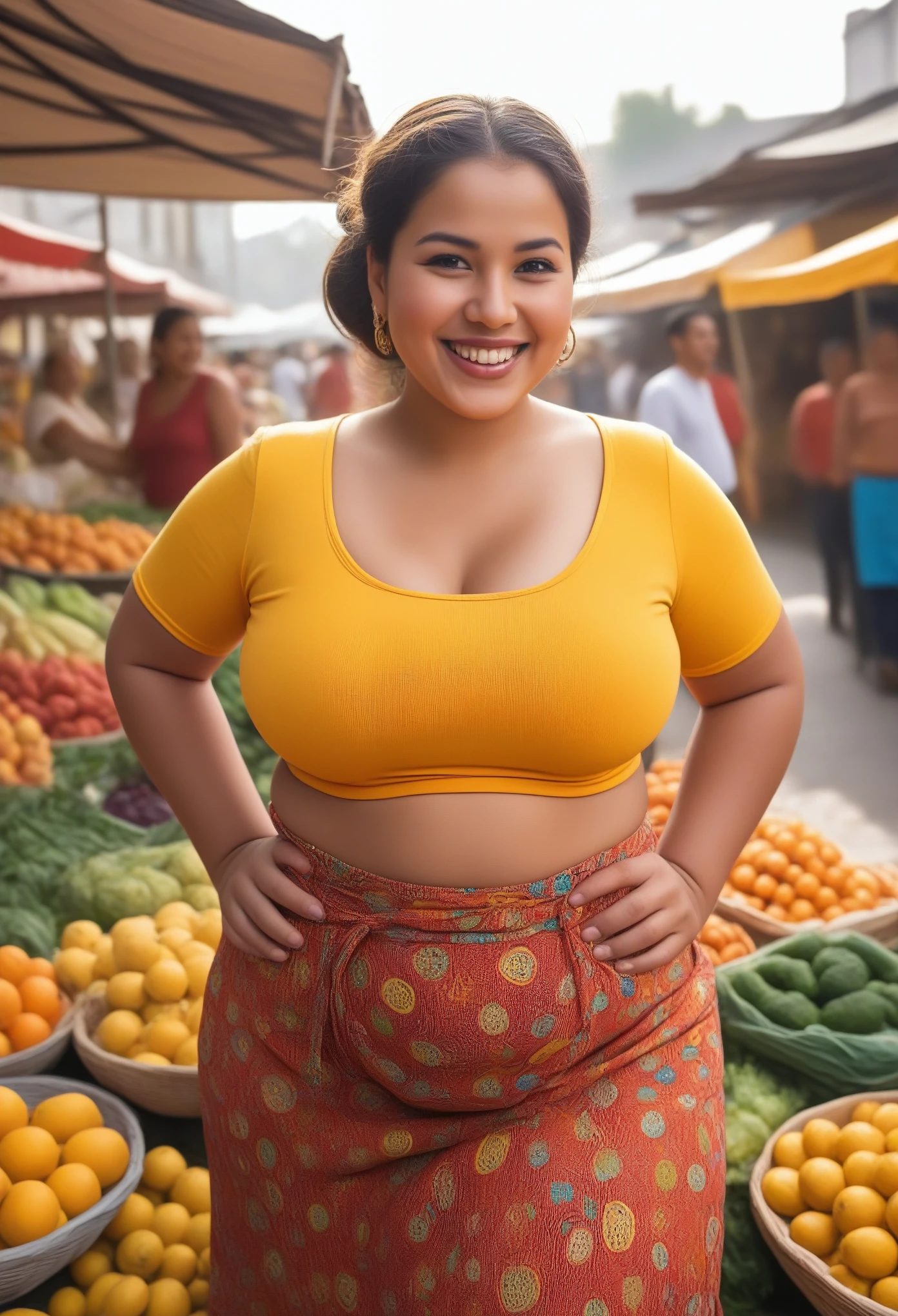 A curvy urban female at a local market,illustration,ethnic,joyful expression,charming smile,bright and colorful outfit,captivating pose,bustling atmosphere,vibrant fruits and vegetables,exquisite local crafts,authentic street food,lively interaction between locals,realistic and vibrant colors,varied textures,soft natural lighting