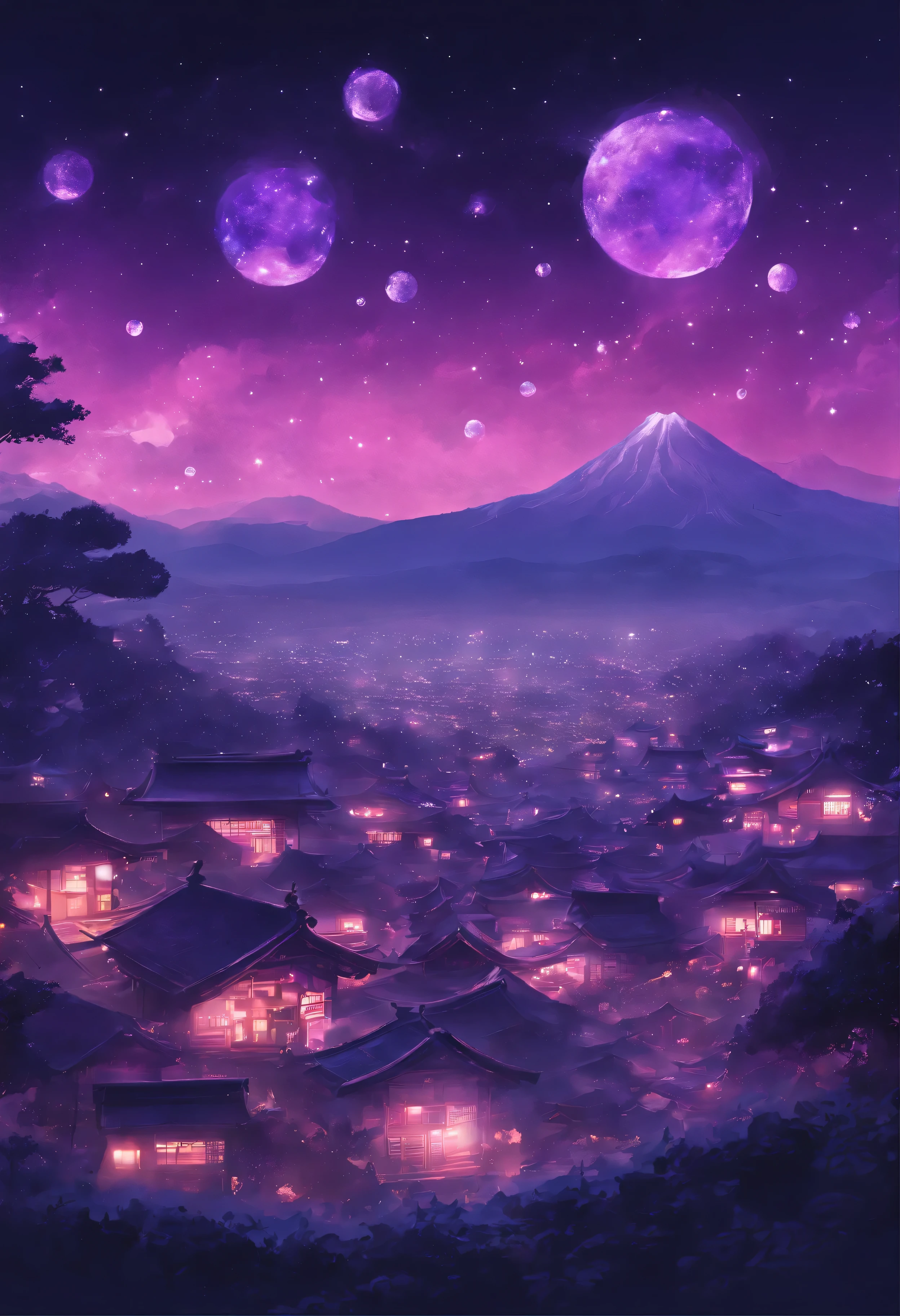Night sky filled with purple spheres of energy above Japanese village.