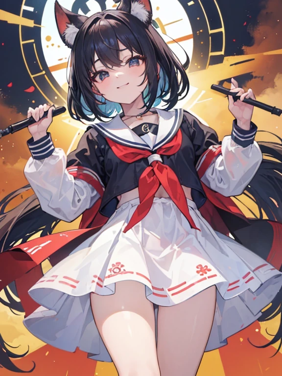 (8k、Mejor calidad de imagen、of the highest quality、Obra maestra)、cara detallada、((cambiar la arena))、pelo negro、coletas cortas、ojos grises、sonrisa malvada、((sonrisa))、small breasts、((serafuku))、((minifalda micro))、((pantimedias negras))、tiro de vaquero、((encorvado))、Por favor pon tus manos en tus caderas、fondo del aula,NSFW