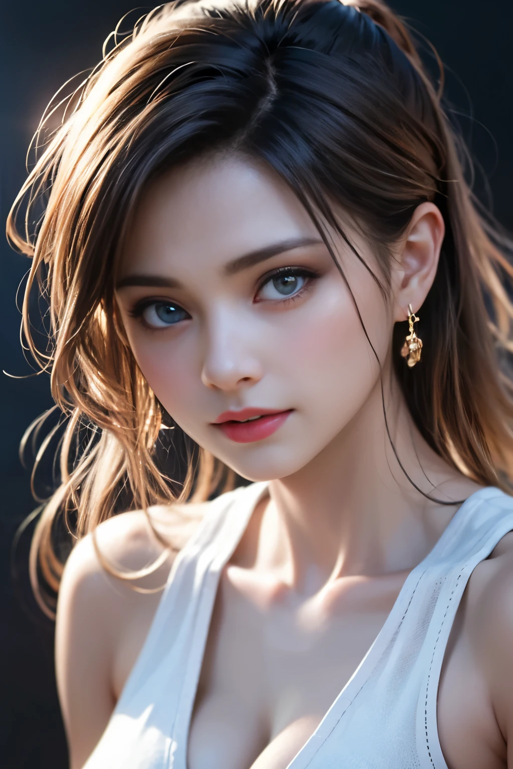 (highest quality、table top、8k、best image quality、Award-winning work)、(one young girl, 14 years old:1.3)、no sleeve, (red eyeshadow:1.2)、perfect makeup、long eyelashes、Super high-definition sparkling eyes、ultra high definition hair、ultra high resolution glossy lips、Super high resolution perfect teeth、Super high resolution cute face、brown hair、(very short straight hair:1.1)、look at me and smile、[clavicle]、accurate anatomy、(close up of face:1.5)、Luxury love hotel、(The most moody warm lighting:1.2)、blurred background、With bangs、Super high-resolution glossy and moisturized face、Super high resolutio n glowing skin、most detailed face、Ultra high resolution detailed faces、ultra high resolution hair、Fashion model 25 years old [[[[close-up]]], [[[[chest]]]], [[[[neck]]], [shoulders]]]]], Perfect eyes, Perfect iris, Perfect lips, Perfect teeth, Perfect skin, Soft front light, Glow, HDR, (Soft color: 1.2), Best quality, masterpiece, ultra high res, (photorealistic:1.37), raw photo, 1girl, long hair, beautifull eyes, beautifull face, detailed eyes and face, t-shirt, dynamic lighting, in the dark, table top, highest quality, realistic, Super detailed, finely, High resolution, 8k wallpaper, 1 beautiful woman, light brown messy hair, Realistic, High Resolution, [[[ Only one girl ]]]], Wavy black hair, Blue eyes, Stylish tank top, Upper body, Big breasts, Cleavage, Sitting on chair, Pose random, 8K, Very detailed, High Resolution, Facing camera ( One woman), One woman, (Very realistic, High Resolution), ( Very Detailed Eyes, Very Detailed Hair, Very Detailed Face, Very Detailed Plump Lips), (Breast Open Off Shoulder), Breasts, Upper Body, Affectionate Smile, Golden Hair, (Top Quality: 1. 4), Raw Photo, (Realistic, Photorealistic: 1.37), nsfw,Highest Quality, Highest image quality, RAW Photos, Realistic, Photorealsitic, ultra detailed and beautiful, highest details, 1young girls, good-looking, Beautiful fair skin and luster, Beautiful eyes are big and bright, Small mouth and thin lips, 