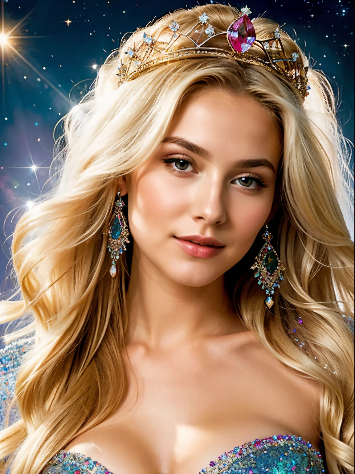 ((best quality)), ((Meisterwerk)), (detailed), perfektes Gesicht A celestial fantasy queen with long blonde hair, dressed in an ethereal, iridescent, shimmering, flawless, floating, luminous, and sparkling gown that emphasizes her gorgeous breasts and unparalleled radiance. She is kissing her grown up daughter with passion. The queen's brilliance and light increases extremly, blinding an audience that worships her. imposing chest, cosmic brilliance