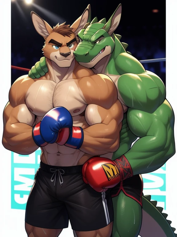 Duo male fighters(Brown Kangaroo vs Green Gator, handsomes, perfect eyes, Thick eyebrows), beso gay(They are hugging around his necks after of a boxing match), hot(Shirtless), handsomes(They are handsomes, correct anatomy), musculosos(Big muscle bodies, Six packs, muscle abs, big pecs, without nipples, muscle legs, muscle backs), sweaty(very sweaty wet bodies), tatuajes(they have tattoos), Angry(They have an angry expression), Boxing gloves(They both are wearing boxing gloves), Shorts(They are wearing black shorts), Hight resolution