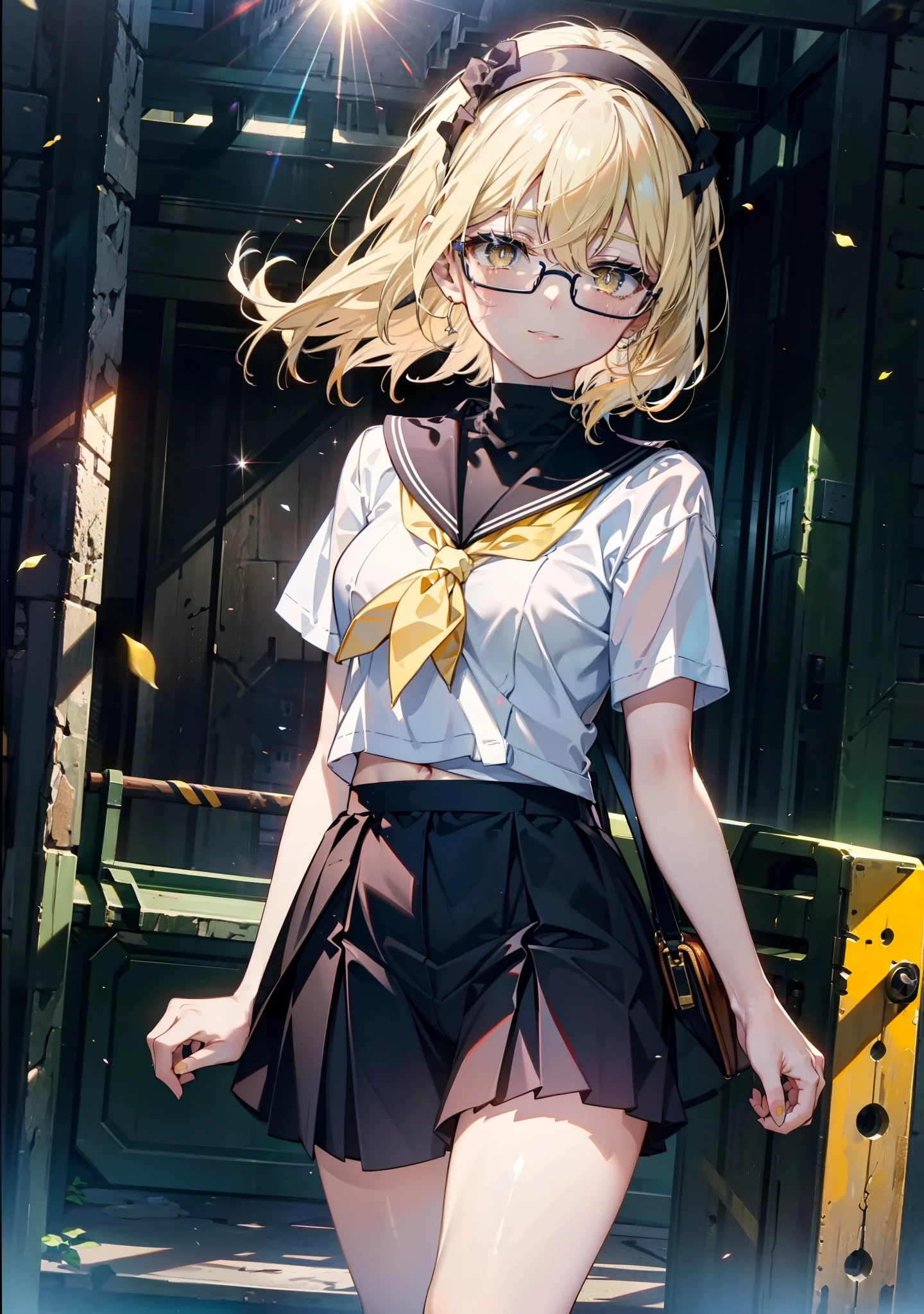アイスWallenstein, Wallenstein, blonde, Hair between the eyes, Yellow headband, Long Hair, (Yellow Eyes:1.5),Black-rimmed glasses,happy smile, smile, shut up.,smile,blush,Black Sailor Suit,Black pleats,Short sleeve,Black socks,Brown Loafers,morning,morning陽,The sun is rising,whole bodyがイラストに入るように,Walking break looking at viewer, whole body, (Cowboy Shot:1.5), crowd, people々々 break outdoors,In town,Building district, break (masterpiece:1.2), highest quality, High resolution, unity 8k wallpaper, (shape:0.8), (Beautiful and beautiful eyes:1.6), Highly detailed face, Perfect lighting, Highly detailed CG, (Perfect hands, Perfect Anatomy),