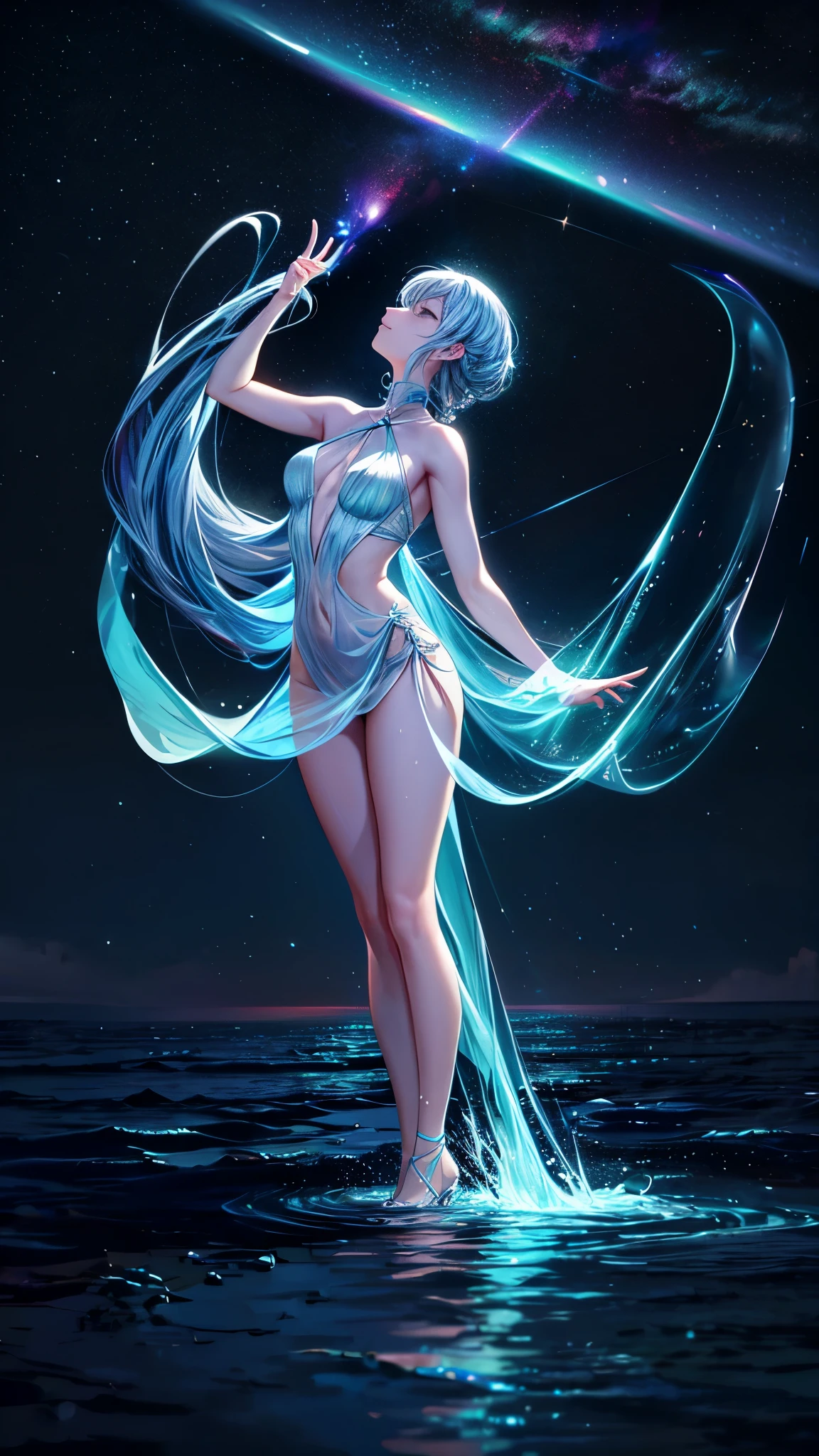 Excelente qualidade, obra de arte, High Resolutisobre, Journey through the cosmos as the stars paint the sky with their ethereal glow. Above, a mesmerizing galaxy stretches across the expanse, its vibrant hues swirling in a cosmic ballet. Below, a tranquil sea mirrors the celestial spectacle, its surface calm and serene. The moon, a luminous orb suspended in the night sky, casts its gentle radiance upon the waters, creating a path of silver light that shimmers and dances with the ebb and flow of the tide. It's a moment frozen in time, where the boundaries between earth and sky blur, and the universe reveals its infinite beauty."