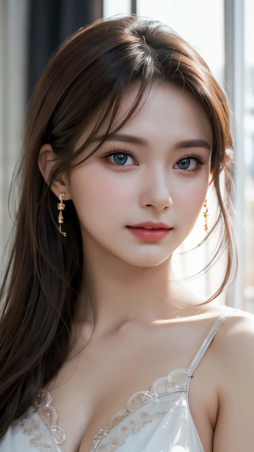 (highest quality、table top、8k、best image quality、Award-winning work)、(one young girl, :1.3)、no sleeve, (red eyeshadow:1.2)、perfect makeup、long eyelashes、Super high-definition sparkling eyes、ultra high definition hair、ultra high resolution glossy lips、Super high resolution perfect teeth、Super high resolution cute face、brown hair、(very short straight hair:1.1)、look at me and smile、[clavicle]、accurate anatomy、(close up of face:1.5)、Luxury love hotel、(The most moody warm lighting:1.2)、blurred background、With bangs、Super high-resolution glossy and moisturized face、Super high resolutio n glowing skin、most detailed face、Ultra high resolution detailed faces、ultra high resolution hair、Fashion model 25 years old [[[[close-up]]], [[[[chest]]]], [[[[neck]]], [shoulders]]]]], Perfect eyes, Perfect iris, Perfect lips, Perfect teeth, Perfect skin, Soft front light, Glow, HDR, (Soft color: 1.2), Best quality, masterpiece, ultra high res, (photorealistic:1.37), raw photo, 1girl, long hair, beautifull eyes, beautifull face, detailed eyes and face, t-shirt, dynamic lighting, in the dark, table top, highest quality, realistic, Super detailed, finely, High resolution, 8k wallpaper, 1 beautiful woman, light brown messy hair, Realistic, High Resolution, [[[ Only one girl ]]]], Wavy black hair, Blue eyes, Stylish tank top, Upper body, Big breasts, Cleavage, Sitting on chair, Pose random, 8K, Very detailed, High Resolution, Facing camera ( One woman), One woman, (Very realistic, High Resolution), ( Very Detailed Eyes, Very Detailed Hair, Very Detailed Face, Very Detailed Plump Lips), (Breast Open Off Shoulder), Breasts, Upper Body, Affectionate Smile, Golden Hair, (Top Quality: 1. 4), Raw Photo, (Realistic, Photorealistic: 1.37), nsfw,Highest Quality, Highest image quality, RAW Photos, Realistic, Photorealsitic, ultra detailed and beautiful, highest details, 1young girlsood-looking, Beautiful fair skin and luster, Beautiful eyes are big and bright, Small mouth and thin lips,