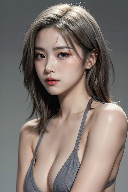 highest quality, masterpiece, Ultra-high resolution, (Realistic:1.4), RAW Photos, 18-year-old, Simple gray background, ((Micro Bikini、Disheveled Hair、Cleavage Emphasis)), Looking at the audience