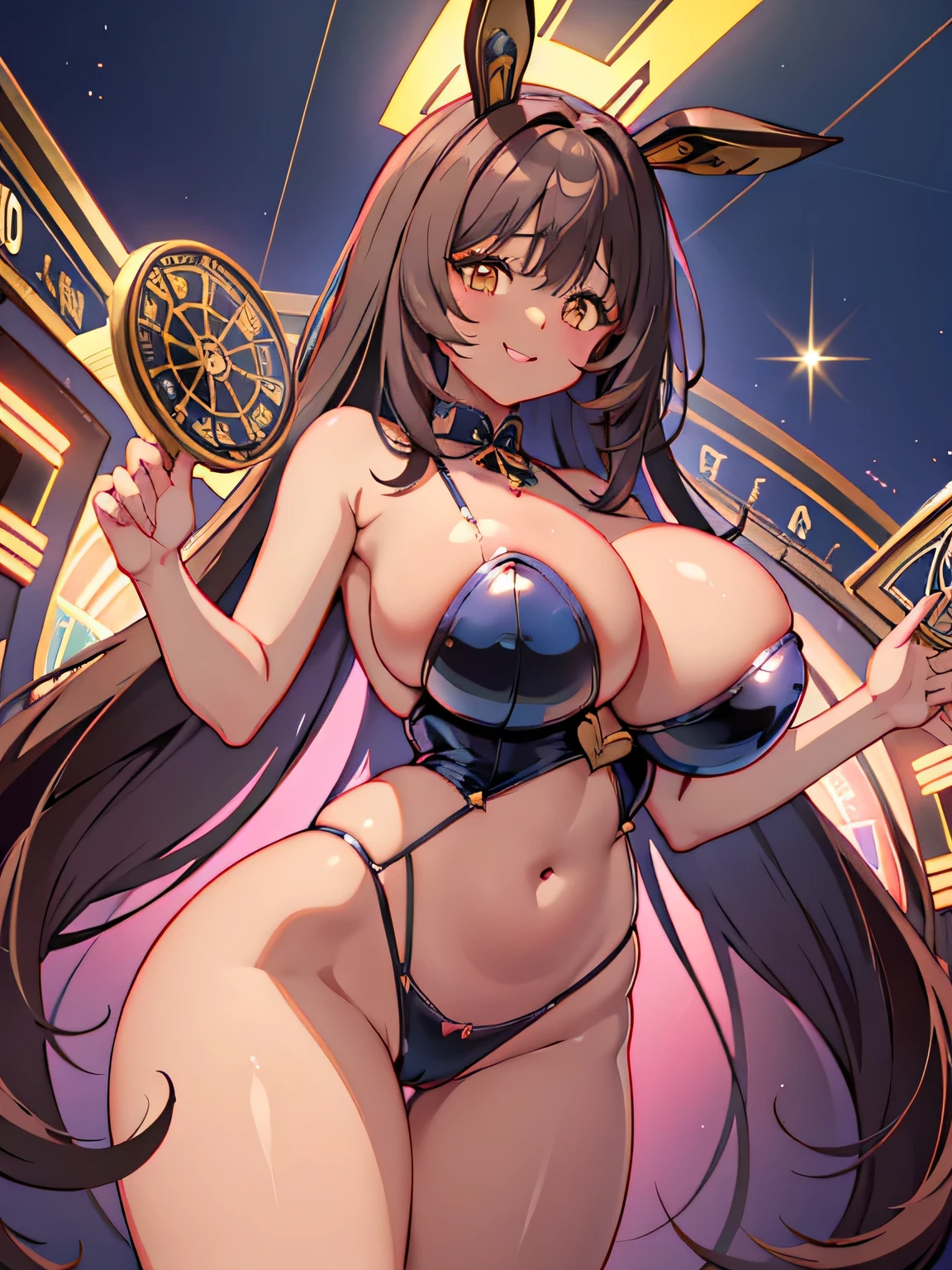 Anime illustration、highest quality、cyber punk、Voluptuous gravure idol、Perfect proportions、Dark-skinned Bunny Girl、Bunny ears、Luxury Casino、chandelier、Slot Machines、Giant roulette wheel、smile、Big Breasts、Thick legs、Cowboy Shot、Accurately depict hands