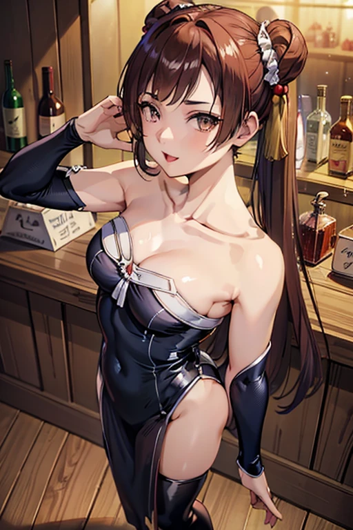 (from above:1.2),(from side:0.9), ((Face)), (Close-Up:0.4), masterpiece,"A 26-year-old girl stands at a bar counter. She is dressed in a stylish off-shoulder dress, sweater dress, off-shoulder sweater, red sweater,garter stocking, midriff, red skirts, black thighhighs, thigh strap, pretty girl, (highly detailed beautiful face and eyes,firm breasts),real skin,((black,hair,long pony tail hair)),thin pubic hair,cute and lovely pose, detailed eyes, This masterpiece is only visually stunning but also tells,(double breasted:0.6,under bust:0.6,cleavage:1.1,),(small breasts:1.2),(perky chest:1.1), (pointed chest:1.3), medium hips, glamorous body,(with sparkling eyes and a contagious smile),open mouth. The bar is beautiful, with colorful bottles of alcohol in the background and a soft glow from neon lights. The atmosphere is relaxed, and the girl looks confident and fashionable.",full body, sexy pose,make a cocktail , in a bar counter, Looking at Viewer,
