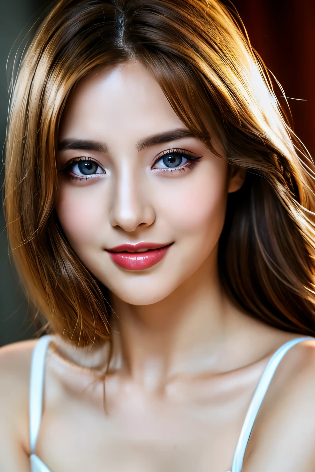 (highest quality、table top、8k、best image quality、Award-winning work)、(one young girl, 14 years old:1.3)、no sleeve, (red eyeshadow:1.2)、perfect makeup、long eyelashes、Super high-definition sparkling eyes、ultra high definition hair、ultra high resolution glossy lips、Super high resolution perfect teeth、Super high resolution cute face、brown hair、(very short straight hair:1.1)、look at me and smile、[clavicle]、accurate anatomy、(close up of face:1.5)、Luxury love hotel、(The most moody warm lighting:1.2)、blurred background、With bangs、Super high-resolution glossy and moisturized face、Super high resolutio n glowing skin、most detailed face、Ultra high resolution detailed faces、ultra high resolution hair、Fashion model 25 years old [[[[close-up]]], [[[[chest]]]], [[[[neck]]], [shoulders]]]]], Perfect eyes, Perfect iris, Perfect lips, Perfect teeth, Perfect skin, Soft front light, Glow, HDR, (Soft color: 1.2), Best quality, masterpiece, ultra high res, (photorealistic:1.37), raw photo, 1girl, long hair, beautifull eyes, beautifull face, detailed eyes and face, t-shirt, dynamic lighting, in the dark, table top, highest quality, realistic, Super detailed, finely, High resolution, 8k wallpaper, 1 beautiful woman, light brown messy hair, Realistic, High Resolution, [[[ Only one girl ]]]], Wavy black hair, Blue eyes, Stylish tank top, Upper body, Big breasts, Cleavage, Sitting on chair, Pose random, 8K, Very detailed, High Resolution, Facing camera ( One woman), One woman, (Very realistic, High Resolution), ( Very Detailed Eyes, Very Detailed Hair, Very Detailed Face, Very Detailed Plump Lips), (Breast Open Off Shoulder), Breasts, Upper Body, Affectionate Smile, Golden Hair, (Top Quality: 1. 4), Raw Photo, (Realistic, Photorealistic: 1.37), nsfw,Highest Quality, Highest image quality, RAW Photos, Realistic, Photorealsitic, ultra detailed and beautiful, highest details, 1young girls, good-looking, Beautiful fair skin and luster, Beautiful eyes are big and bright, Small mouth and thin lips, 