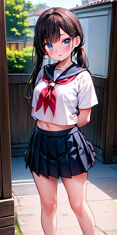masterpiece:1.2, highest quality), (Realistic, photoRealistic:1.4), Beautiful illustrations, (Natural Side Lighting, Cinema Lighting), Browsing Caution, View your viewers,, Front view:0.6 , Perfect Face, Cute and symmetrical face, Shiny skin,A slightly chubby girl with brown hair,,,alone,Long Hair,skirt,Sailor collar,belly button,See viewers,blackskirt7,miniskirt,barefoot,See-through,neckerchief,Crop topoverhang,Crop top,pleatedskirt,water,,abdomen,shirt,serafuku,Twin tails,veryLong Hair,whole body,miniskirt,Shoulder Bare,whiteshirt,blue eyes,barefoot,Thighs,chest,blackSailor collar,bangs,Stomach,blueneckerchief,Open lips,Floating Hair,Are standing,