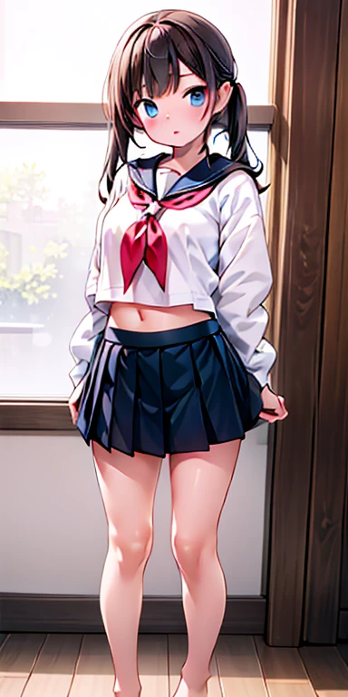 masterpiece:1.2, highest quality), (Realistic, photoRealistic:1.4), Beautiful illustrations, (Natural Side Lighting, Cinema Lighting), Browsing Caution, View your viewers,, Front view:0.6 , Perfect Face, Cute and symmetrical face, Shiny skin,A slightly chubby girl with brown hair,,,alone,Long Hair,skirt,Sailor collar,belly button,See viewers,blackskirt7,miniskirt,barefoot,See-through,neckerchief,Crop topoverhang,Crop top,pleatedskirt,water,,abdomen,shirt,serafuku,Twin tails,veryLong Hair,whole body,miniskirt,Shoulder Bare,whiteshirt,blue eyes,barefoot,Thighs,chest,blackSailor collar,bangs,Stomach,blueneckerchief,Open lips,Floating Hair,Are standing,