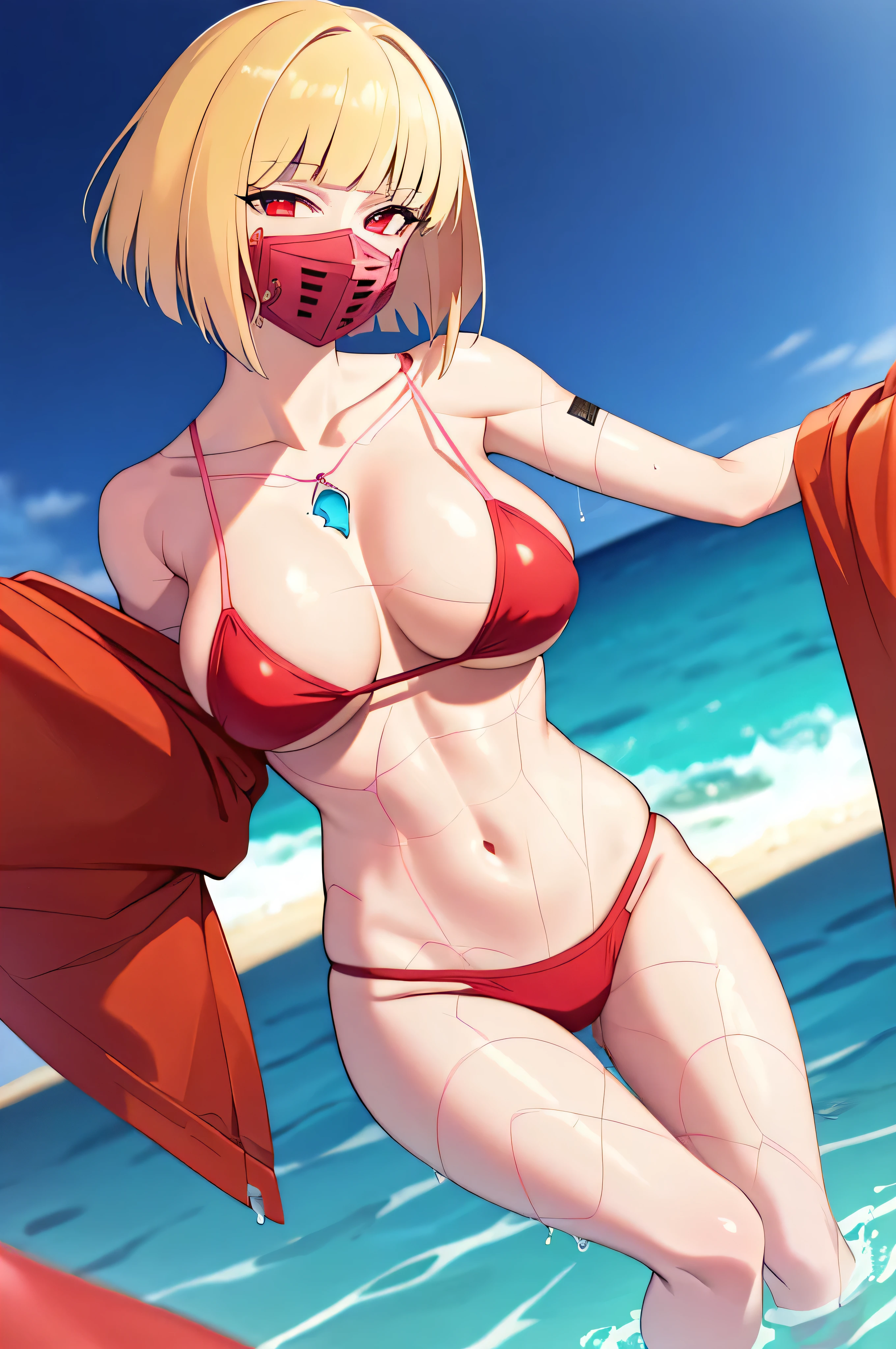 cpkiwi, highres, highest quallity, illustration, ultra detailed, (detailed face), (detailed eyes), best quality, hyper detailed, masterpiece, 1girl, solo, short hair, blonde hair, red eyes, mask, luminous eyes, medium breasts, ocean scenery, beach, ocean, sunny, red bikini top, small bikini, red bikini, cleavage, wet, (big tits) big breasts, huge breasts, standing in water, cute smile, full frame, in frame
