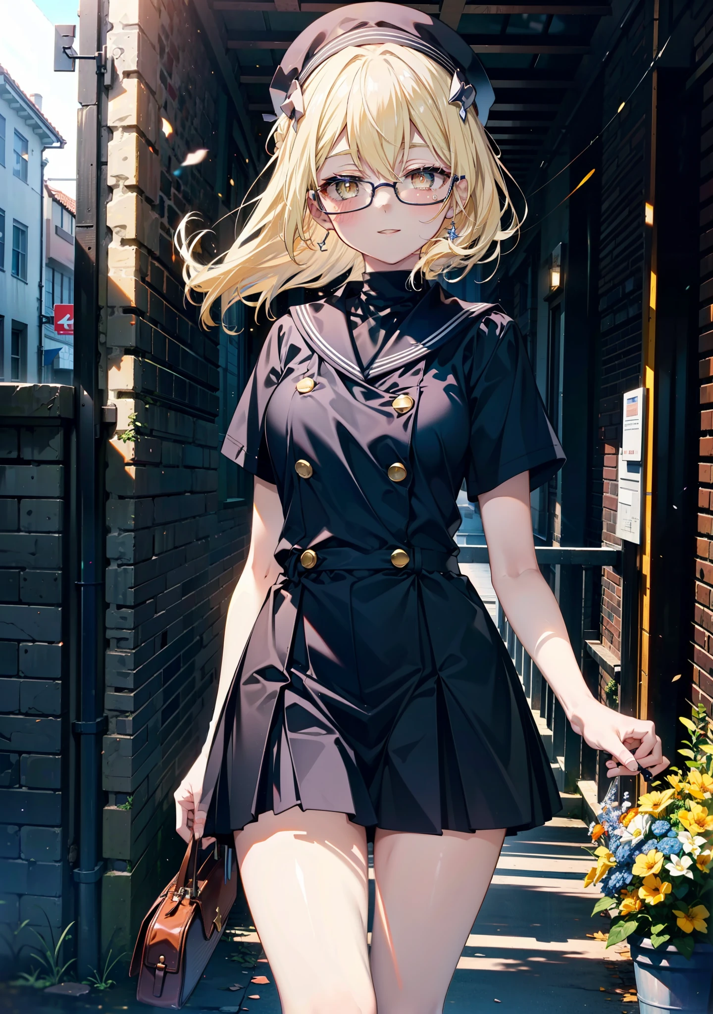アイスWallenstein, Wallenstein, blonde, Hair between the eyes, Yellow headband, Long Hair, (Yellow Eyes:1.5),Black-rimmed glasses,happy smile, smile, shut up.,smile,blush,Black Sailor Suit,Black pleats,Short sleeve,Black socks,Brown Loafers,morning,morning陽,The sun is rising,whole bodyがイラストに入るように,Walking　　　　　　　 break looking at viewer, whole body, (Cowboy Shot:1.5), crowd, people々々　　　　　　　　　　break outdoors,In town,Building district,　　　　　　　　　　break (masterpiece:1.2), highest quality, High resolution, unity 8k wallpaper, (shape:0.8), (Beautiful and beautiful eyes:1.6), Highly detailed face, Perfect lighting, Highly detailed CG, (Perfect hands, Perfect Anatomy),