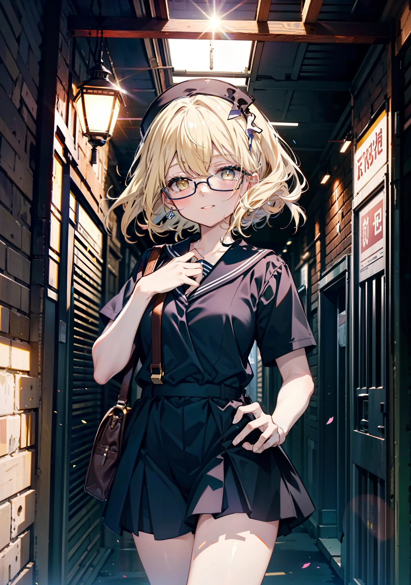 アイスWallenstein, Wallenstein, blonde, Hair between the eyes, Yellow headband, Long Hair, (Yellow Eyes:1.5),Black-rimmed glasses,happy smile, smile, shut up.,smile,blush,Black Sailor Suit,Black pleats,Short sleeve,Black socks,Brown Loafers,morning,morning陽,The sun is rising,whole bodyがイラストに入るように,Walking break looking at viewer, whole body, (Cowboy Shot:1.5), crowd, people々々 break outdoors,In town,Building district, break (masterpiece:1.2), highest quality, High resolution, unity 8k wallpaper, (shape:0.8), (Beautiful and beautiful eyes:1.6), Highly detailed face, Perfect lighting, Highly detailed CG, (Perfect hands, Perfect Anatomy),
