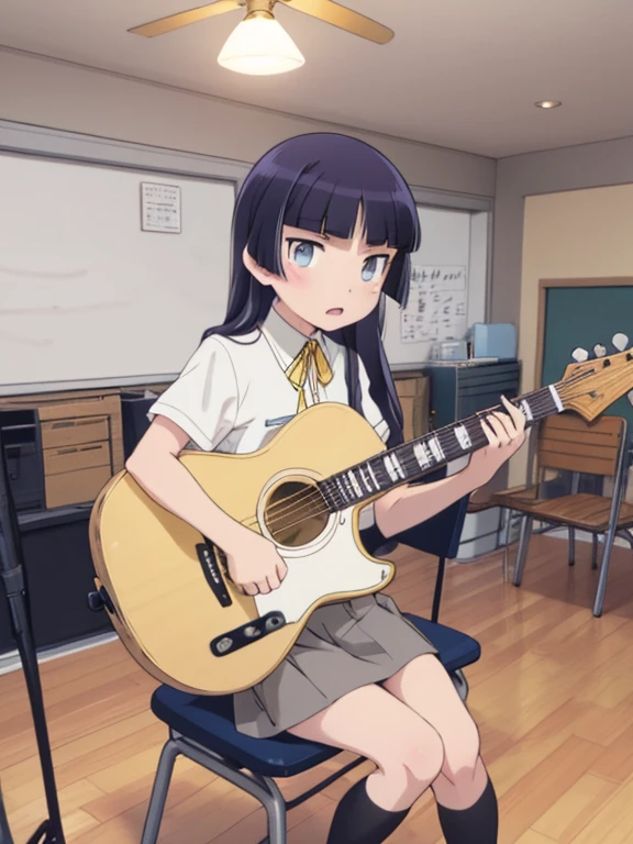highest quality, Very detailed, figure,
School, music room, Brass band、Old Local Comfy Dining Chair、musical instrument, Electric guitar,
(gokou ruri), One girl, alone, Black socks, Short sleeve, Grey Skirt, Medium skirt, Box Pleat Skirt, Hime cut, tuck in, Collared shirt, Yellow ribbon, blue eyes, plain attire