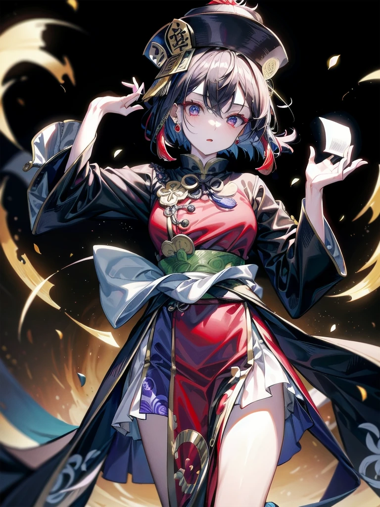 cemetery, dress, braid, chinese clothes, headwear, ofuda, jiangshi, qing guanmao, absurdres, RAW photo, extremely delicate and beautiful, masterpiece, Best Quality, ultra high resolution, 32k, hyperrealistic, ultra-detailed, detailed description, pale skin, 20 years old, tearful mole, earring, Colossal tits, short medium hair, wavy hair, whole body shot,
