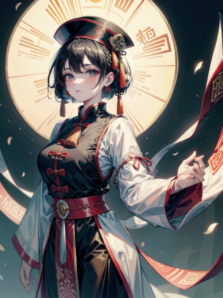 cemetery, dress, braid, chinese clothes, headwear, ofuda, jiangshi, qing guanmao, absurdres, RAW photo, extremely delicate and beautiful, masterpiece, Best Quality, ultra high resolution, 32k, hyperrealistic, ultra-detailed, detailed description, pale skin, 20 years old, tearful mole, earring, Colossal tits, short medium hair, wavy hair, whole body shot,