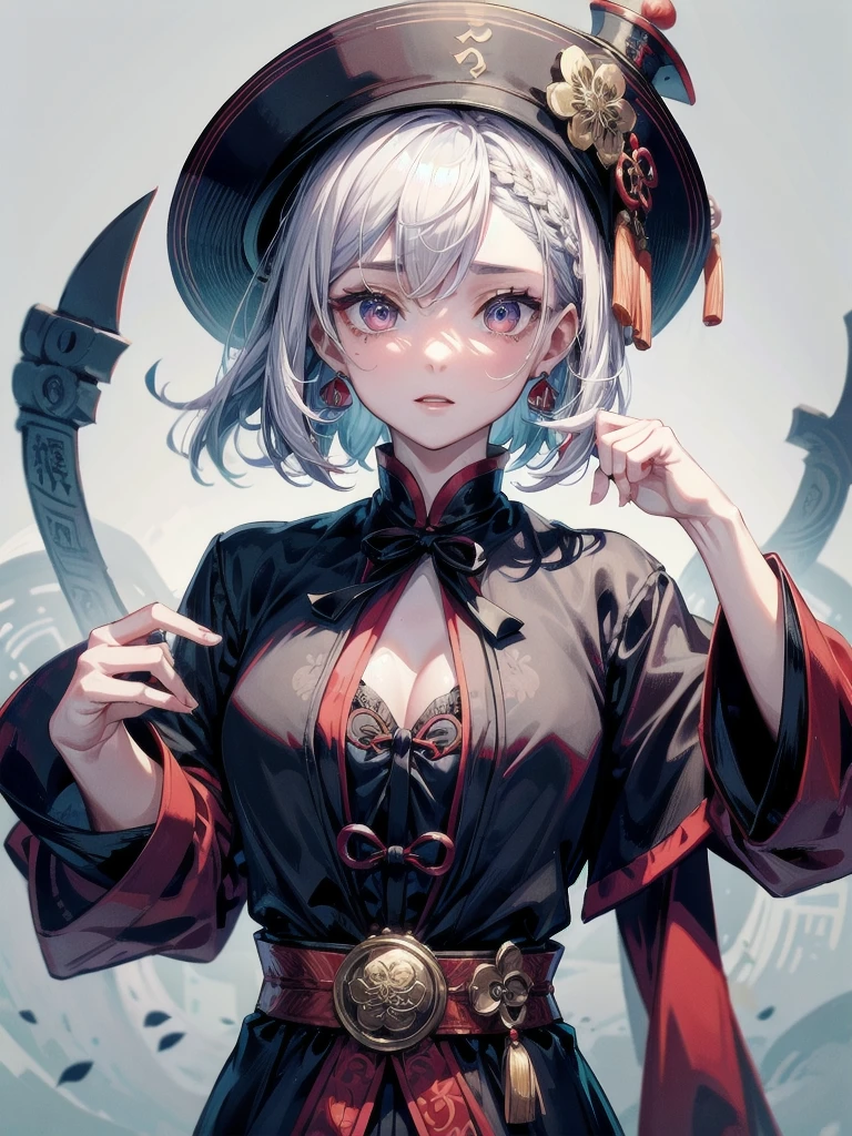 cemetery, dress, braid, chinese clothes, headwear, ofuda, jiangshi, qing guanmao, absurdres, RAW photo, extremely delicate and beautiful, masterpiece, Best Quality, ultra high resolution, 32k, hyperrealistic, ultra-detailed, detailed description, pale skin, 20 years old, tearful mole, earring, Colossal tits, short medium hair, wavy hair, whole body shot,