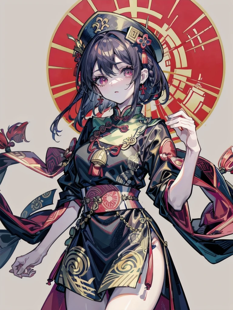 cemetery, dress, braid, chinese clothes, headwear, ofuda, jiangshi, qing guanmao, absurdres, RAW photo, extremely delicate and beautiful, masterpiece, Best Quality, ultra high resolution, 32k, hyperrealistic, ultra-detailed, detailed description, pale skin, 20 years old, tearful mole, earring, Colossal tits, short medium hair, wavy hair, whole body shot,