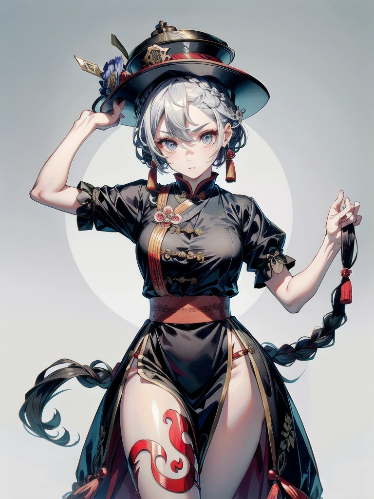 cemetery, dress, braid, chinese clothes, headwear, ofuda, jiangshi, qing guanmao, absurdres, RAW photo, extremely delicate and beautiful, masterpiece, Best Quality, ultra high resolution, 32k, hyperrealistic, ultra-detailed, detailed description, pale skin, 20 years old, tearful mole, earring, Colossal tits, short medium hair, wavy hair, whole body shot,