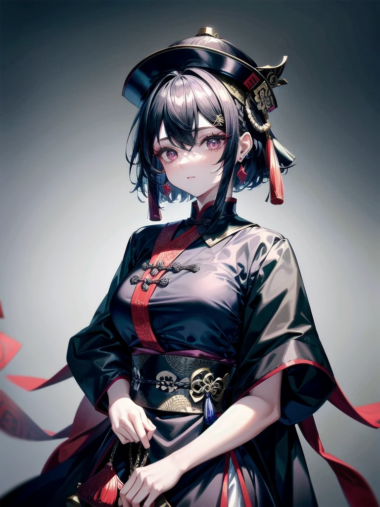 cemetery, dress, braid, chinese clothes, headwear, ofuda, jiangshi, qing guanmao, absurdres, RAW photo, extremely delicate and beautiful, masterpiece, Best Quality, ultra high resolution, 32k, hyperrealistic, ultra-detailed, detailed description, pale skin, 20 years old, tearful mole, earring, Colossal tits, short medium hair, wavy hair, whole body shot,