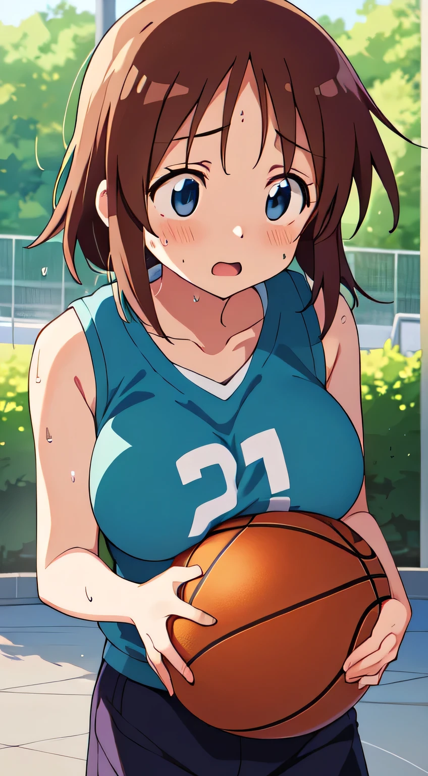 (maximum quality,Anime,anime art style:1.2) yuyushiki, Young girl, 13years old, wet with sweat、Playing the Basketball, (Looking away:1.5),coloured々Movement,sleeveless, (huge breasts)