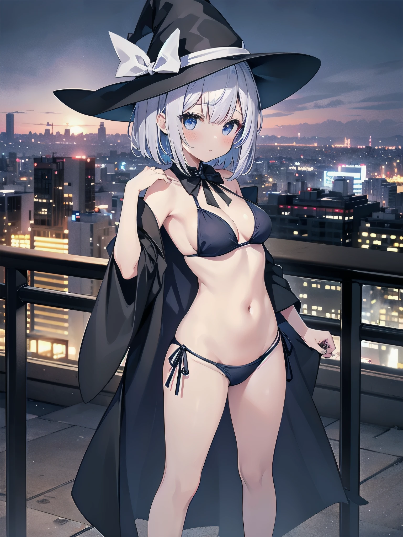 A girl stands on the rooftop of a high-rise building with a panoramic view of late-night Tokyo below.、She has a short bob with a white lob of hair and wears a large black witch hat with sapphire jewelry.、A high school student wearing a navy blue bikini-type swimsuit with a white ribbon、She wears a large witch's hat with a small sapphire accessory、A few star creams、Beautiful starry sky、Beautiful night view、large witch's hat 、Navy blue bikini pants that dig into your stomach、Small breasts、Small breasts、Navy blue swimsuit top with white frills、I see my stomach、The area around the stomach is bare skin.、Belly button、Halterneck bikini、She is wearing hot pants.I have a gun with a scope。A black long-barreled rifle
