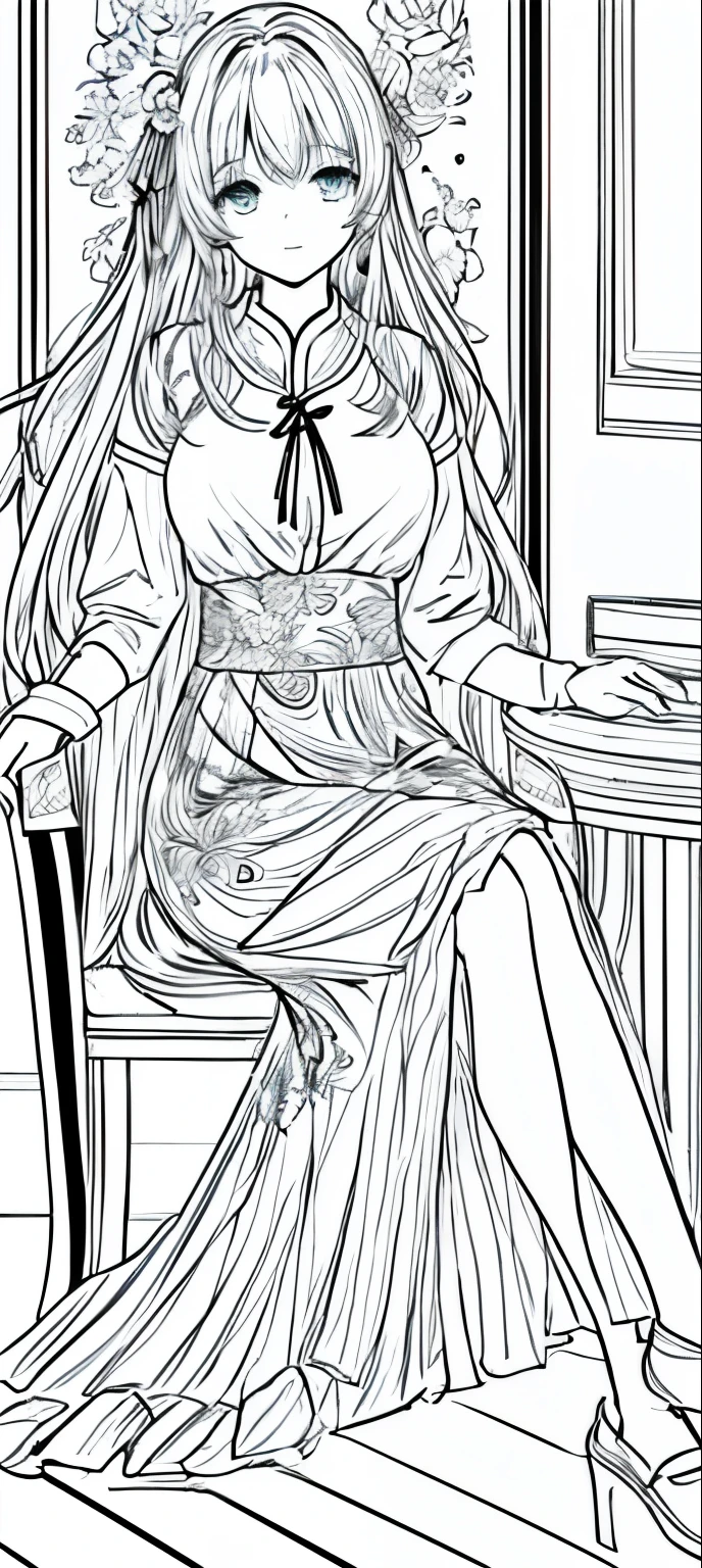 Close up of a girl sitting on a chair, Line Drawing!!, cartoon素描, Line Drawing, cartoon, an cartoon, Clear clothing design, style, How to draw anime,  Wear clothes, Outlined, cartoonstyle, Full body picture, traditional style, 穿着漂亮裙子的可爱cartoon女孩, full body figure painting