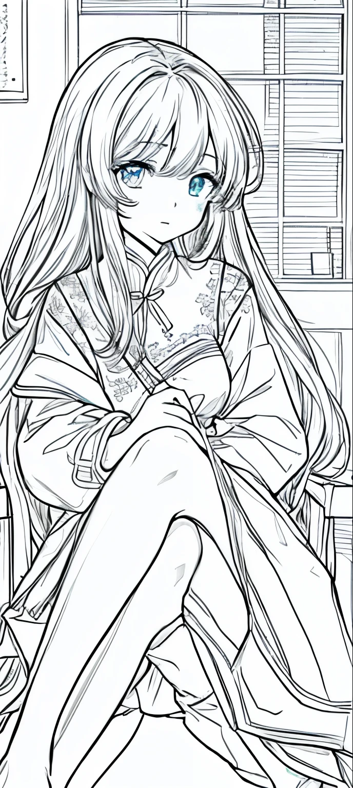 Close up of a girl sitting on a chair, Line Drawing!!, cartoon素描, Line Drawing, cartoon, an cartoon, Clear clothing design, style, How to draw anime,  Wear clothes, Outlined, cartoonstyle, Full body picture, traditional style, 穿着漂亮裙子的可爱cartoon女孩, full body figure painting