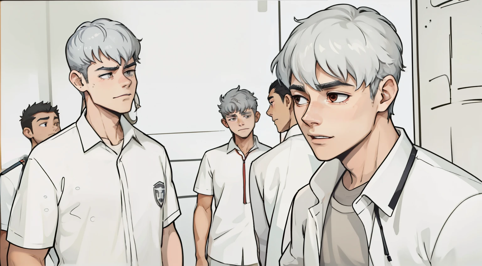 two male students of 17 years old, gray hair, gray eyes, are arguing.
