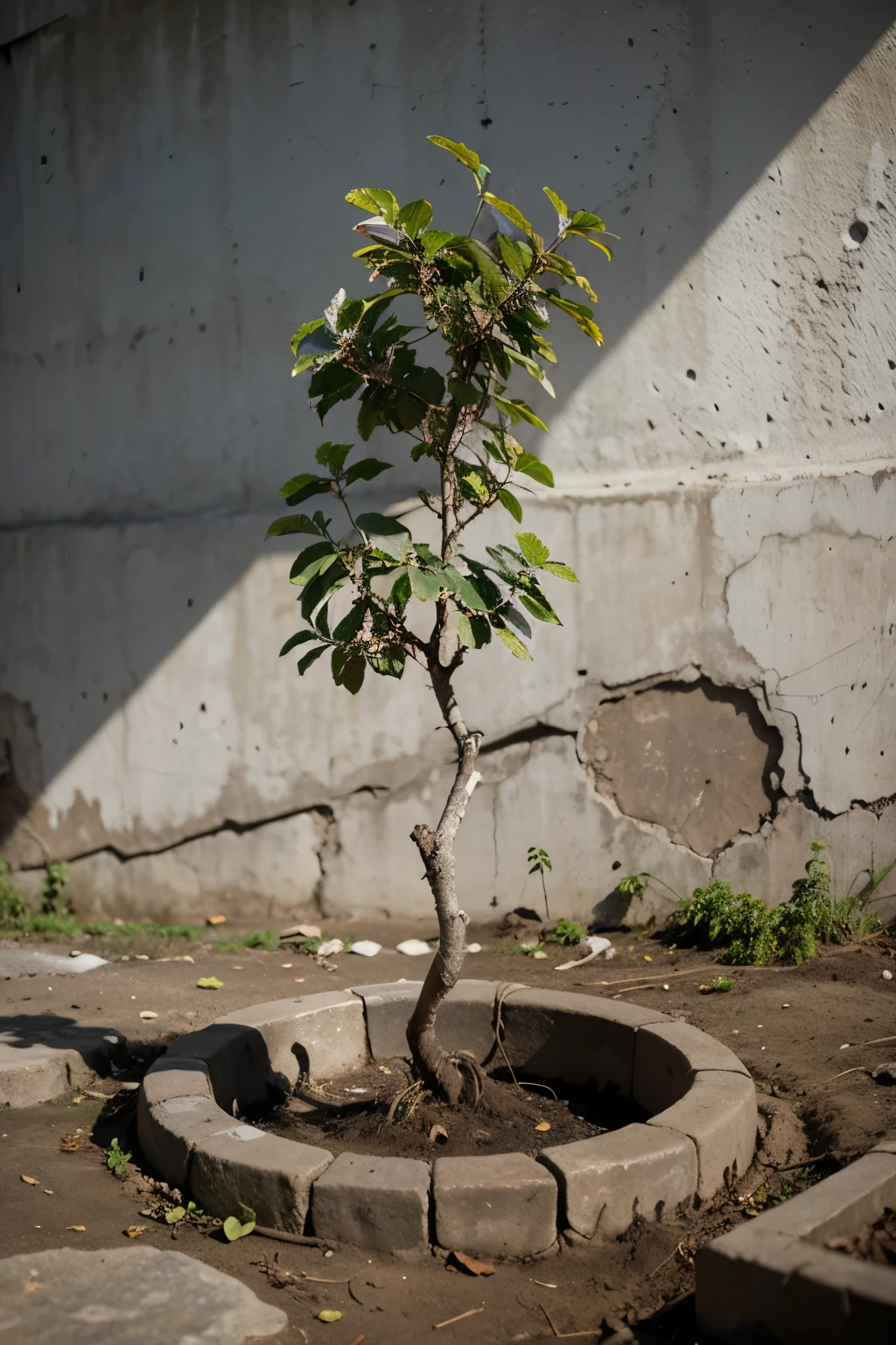 Realistic, high-quality image of a vibrant green tree sprouting from cracks in the earth, symbolizing resilience and rebirth.