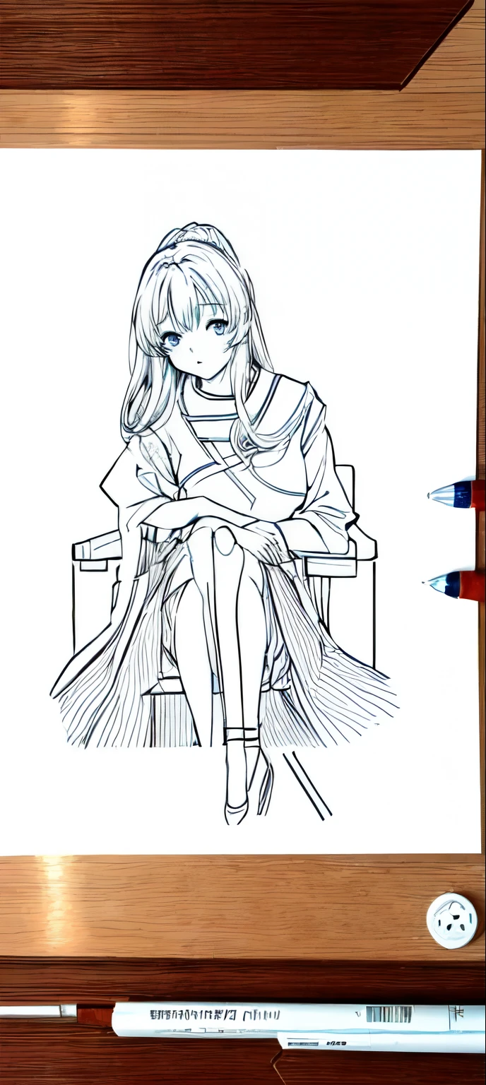 Close up of a girl sitting on a chair, Line Drawing!!, cartoon素描, Line Drawing, cartoon, an cartoon, Clear clothing design, style, How to draw anime,  Wear clothes, Outlined, cartoonstyle, Full body picture, traditional style, 穿着漂亮裙子的可爱cartoon女孩, full body figure painting
