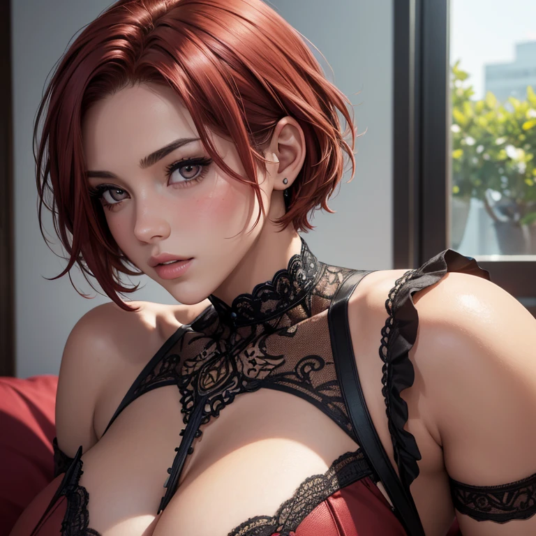 (masterpiece:1.1), (top quality:1.1), Whole body, short hair, good anatomy, lock of hair,, (1 girl:1.2), (detailed face and eyes:1.25), scarlet hair, Brown eyes,, huge breasts,split:1.2), blush, I'm looking at the viewer, mature woman, sidelocks, tatibana kyoka,, sitting, Elysiumchar, Oil painting, full body (NSFW breasts), hdri, extremely naked, nude, nua, pelada, nsfw, gigantic breast 1.9