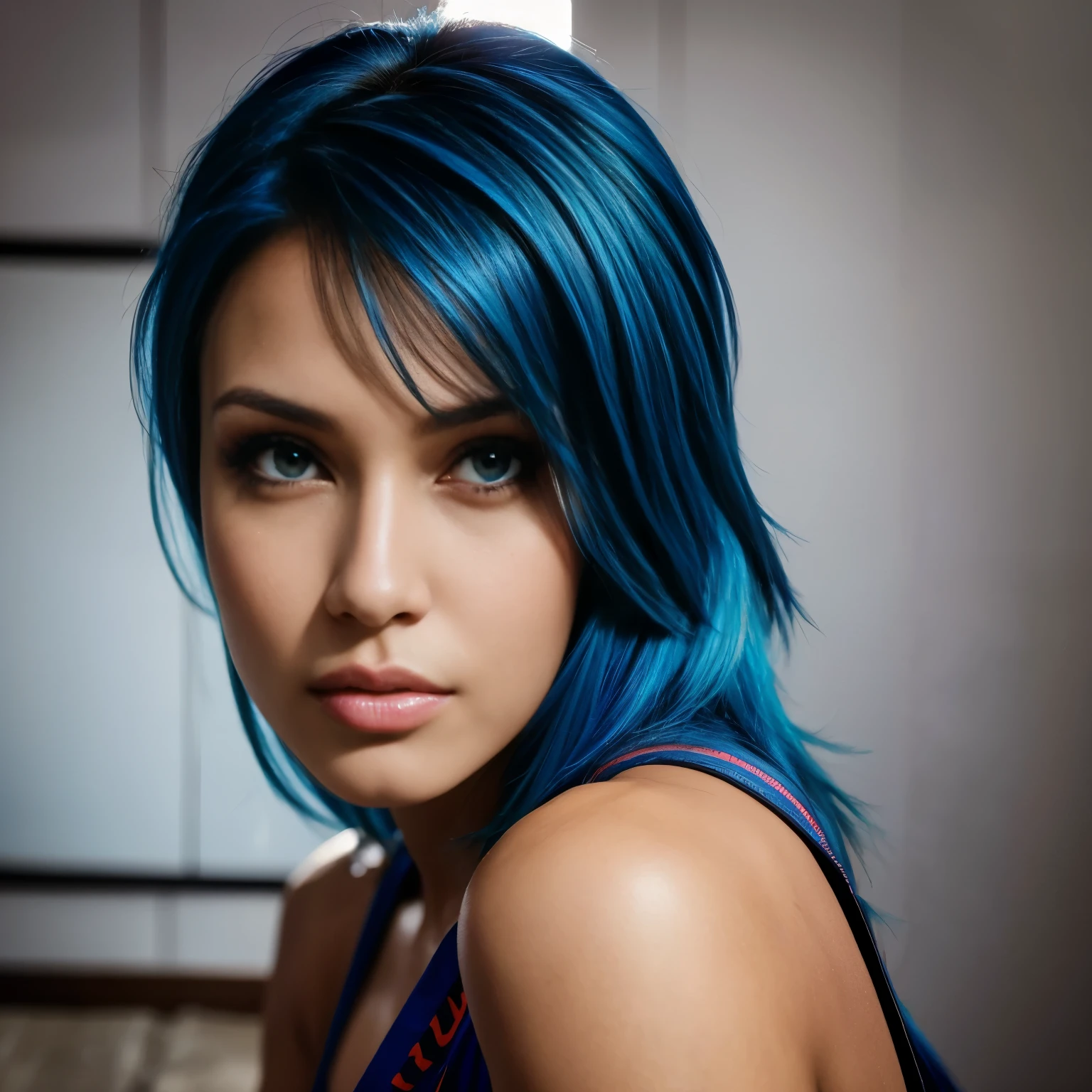 Chica hermosa, Brazilian model, 21-year-old, electric blue hair model, mirando a la camara, mujer de rostro hermoso, mujer de cabello largo,