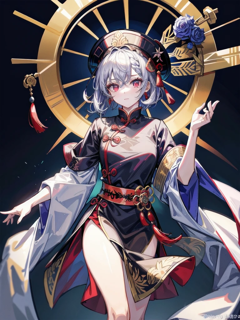 cemetery, dress, braid, chinese clothes, headwear, ofuda, jiangshi, qing guanmao, absurdres, RAW photo, extremely delicate and beautiful, masterpiece, Best Quality, ultra high resolution, 32k, hyperrealistic, ultra-detailed, detailed description, pale skin, 20 years old, tearful mole, earring, Colossal tits, short medium hair, wavy hair, whole body shot,