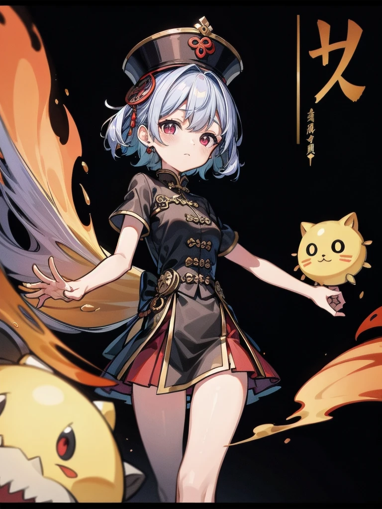 cemetery, dress, braid, chinese clothes, headwear, ofuda, jiangshi, qing guanmao, absurdres, RAW photo, extremely delicate and beautiful, masterpiece, Best Quality, ultra high resolution, 32k, hyperrealistic, ultra-detailed, detailed description, pale skin, 20 years old, tearful mole, earring, Colossal tits, short medium hair, wavy hair, whole body shot,