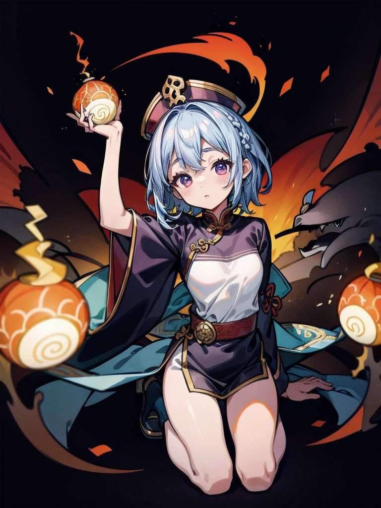 cemetery, dress, braid, chinese clothes, headwear, ofuda, jiangshi, qing guanmao, absurdres, RAW photo, extremely delicate and beautiful, masterpiece, Best Quality, ultra high resolution, 32k, hyperrealistic, ultra-detailed, detailed description, pale skin, 20 years old, tearful mole, earring, Colossal tits, short medium hair, wavy hair, whole body shot,