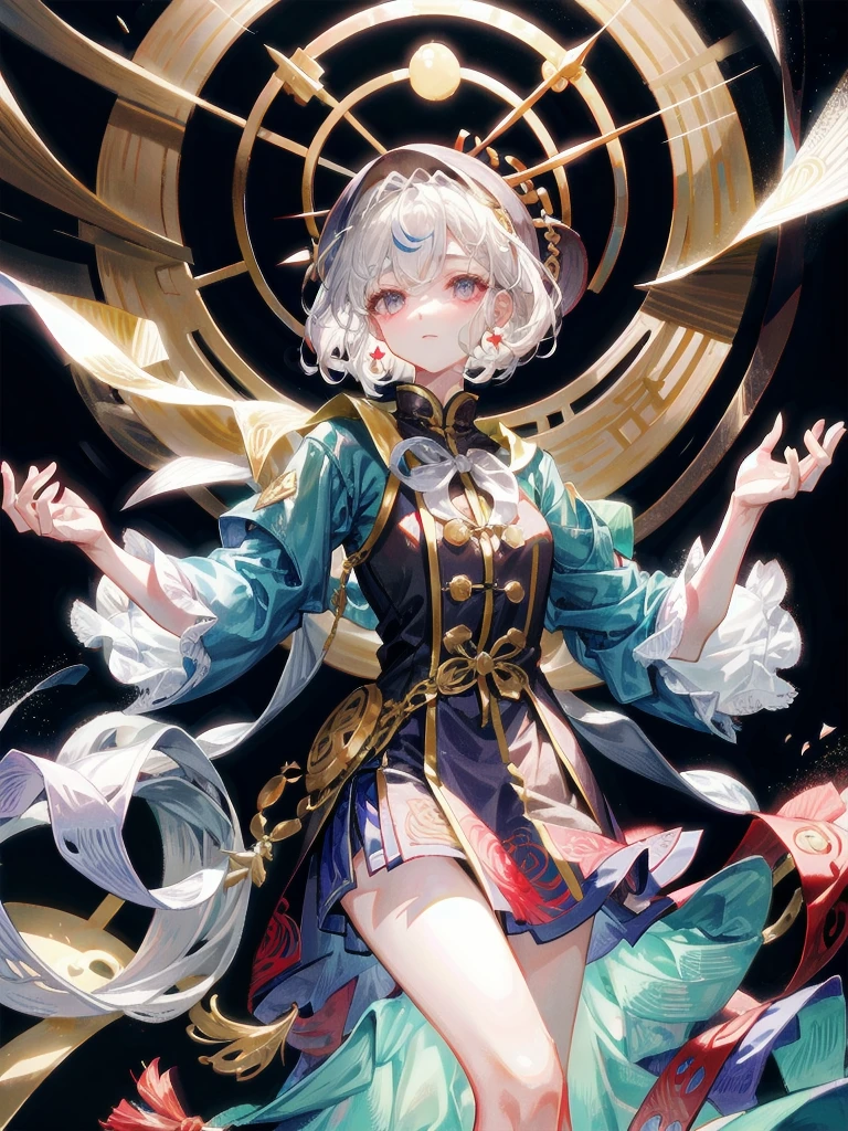 cemetery, dress, braid, chinese clothes, headwear, ofuda, jiangshi, qing guanmao, absurdres, RAW photo, extremely delicate and beautiful, masterpiece, Best Quality, ultra high resolution, 32k, hyperrealistic, ultra-detailed, detailed description, pale skin, 20 years old, tearful mole, earring, Colossal tits, short medium hair, wavy hair, whole body shot,