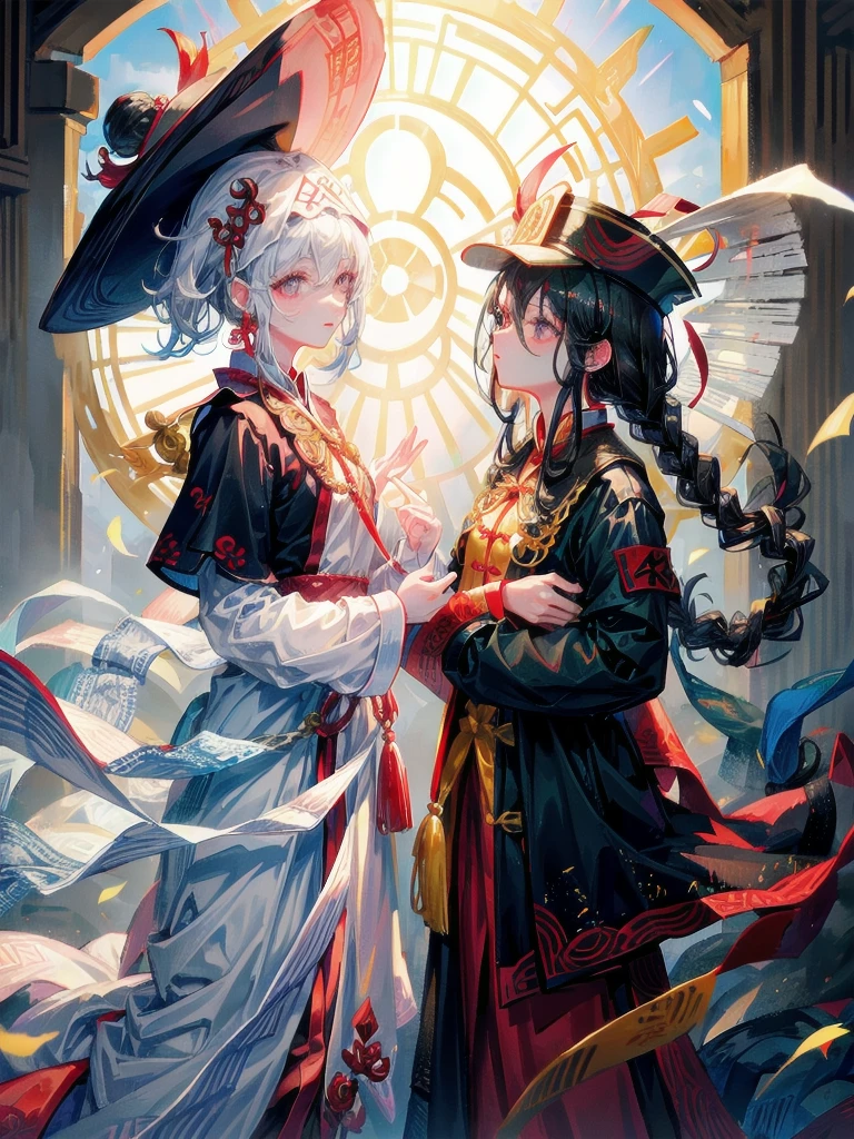 cemetery, dress, braid, chinese clothes, headwear, ofuda, jiangshi, qing guanmao, absurdres, RAW photo, extremely delicate and beautiful, masterpiece, Best Quality, ultra high resolution, 32k, hyperrealistic, ultra-detailed, detailed description, pale skin, 20 years old, tearful mole, earring, Colossal tits, short medium hair, wavy hair, whole body shot,
