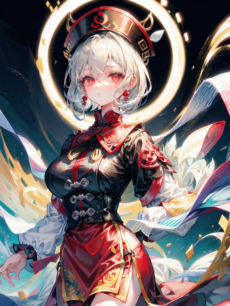 cemetery, dress, braid, chinese clothes, headwear, ofuda, jiangshi, qing guanmao, absurdres, RAW photo, extremely delicate and beautiful, masterpiece, Best Quality, ultra high resolution, 32k, hyperrealistic, ultra-detailed, detailed description, pale skin, 20 years old, tearful mole, earring, Colossal tits, short medium hair, wavy hair, whole body shot,
