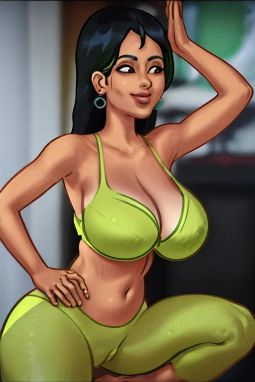 (melhor qualidade, obra de arte), cabelo verde, brincos verdes, yoga pants, yoga bra, pele firme, tonificado, presumptuous, sorriso pretensioso, Kefla, cintura fina, luz de fundo,