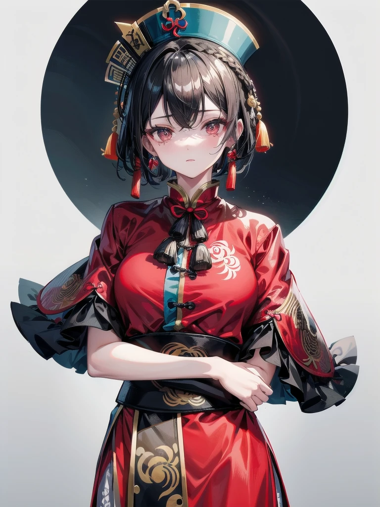 cemetery, dress, braid, chinese clothes, headwear, ofuda, jiangshi, qing guanmao, absurdres, RAW photo, extremely delicate and beautiful, masterpiece, Best Quality, ultra high resolution, 32k, hyperrealistic, ultra-detailed, detailed description, pale skin, 20 years old, tearful mole, earring, Colossal tits, short medium hair, wavy hair, whole body shot,