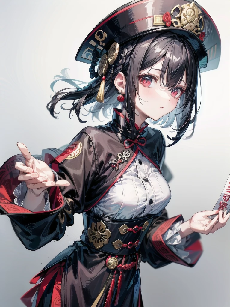 cemetery, dress, braid, chinese clothes, headwear, ofuda, jiangshi, qing guanmao, absurdres, RAW photo, extremely delicate and beautiful, masterpiece, Best Quality, ultra high resolution, 32k, hyperrealistic, ultra-detailed, detailed description, pale skin, 20 years old, tearful mole, earring, Colossal tits, short medium hair, wavy hair, whole body shot,