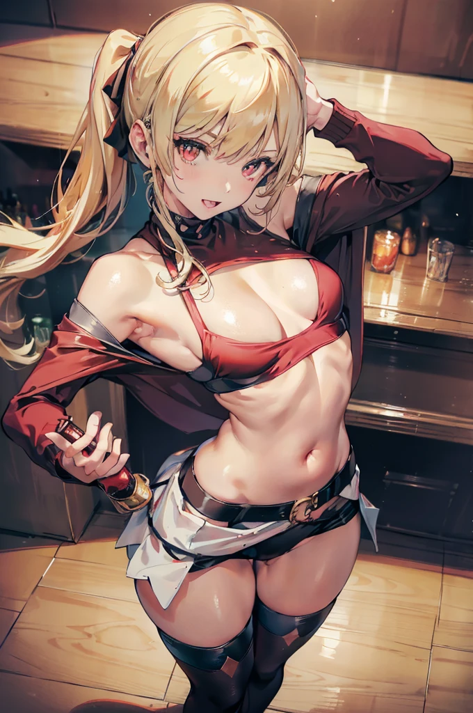 (from above:1.2),(from side:0.9), ((Face)), (Close-Up:0.4), masterpiece,"A 26-year-old girl stands at a bar counter. She is dressed in a stylish off-shoulder dress, sweater dress, off-shoulder sweater, red sweater,garter stocking, midriff, red skirts, black thighhighs, thigh strap, pretty girl, (highly detailed beautiful face and eyes,firm breasts),real skin,((black,hair,long pony tail hair)),thin pubic hair,cute and lovely pose, detailed eyes, This masterpiece is only visually stunning but also tells,(double breasted:0.6,under bust:0.6,cleavage:1.1,),(small breasts:1.2),(perky chest:1.1), (pointed chest:1.3), medium hips, glamorous body,(with sparkling eyes and a contagious smile),open mouth. The bar is beautiful, with colorful bottles of alcohol in the background and a soft glow from neon lights. The atmosphere is relaxed, and the girl looks confident and fashionable.",full body, sexy pose,make a cocktail , in a bar counter, Looking at Viewer,