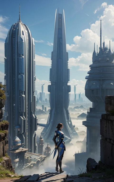 Obra de arte, melhor qualidade, bem detalhado, uma mulher com traje futurista, scifi, ciborgue, You are in a futuristic city on another planet, panoramic view details