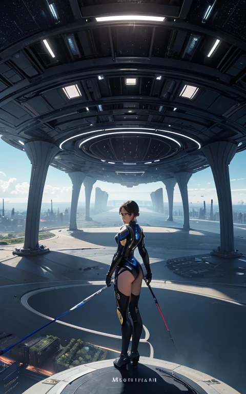 Obra de arte, melhor qualidade, bem detalhado, uma mulher com traje futurista, scifi, ciborgue, You are in a futuristic city on another planet, panoramic view details